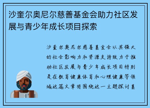 沙奎尔奥尼尔慈善基金会助力社区发展与青少年成长项目探索