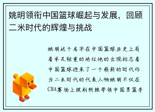 姚明领衔中国篮球崛起与发展，回顾二米时代的辉煌与挑战