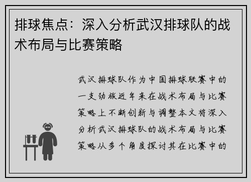 排球焦点：深入分析武汉排球队的战术布局与比赛策略